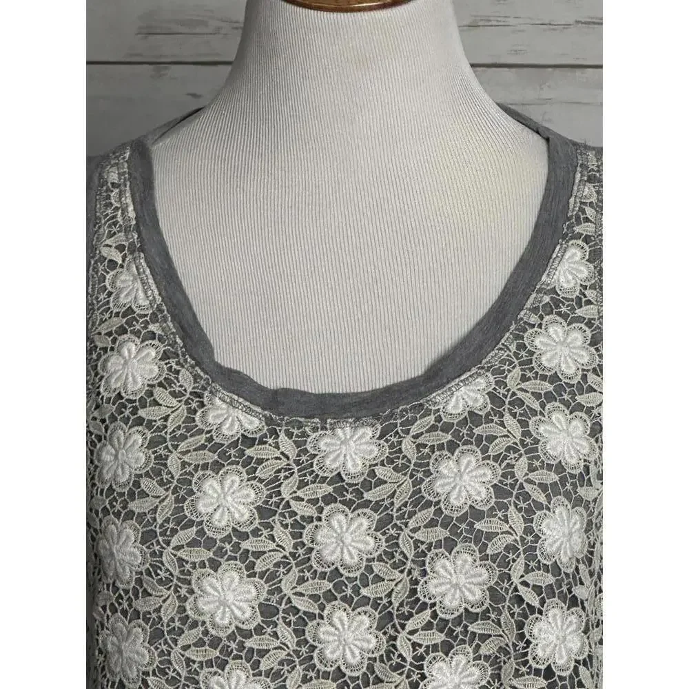 J.Crew coquette cottagecore gray w/white floral lace overlay tank top Size Large